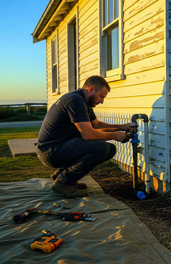Plumber Fixing Outdoor Pipe